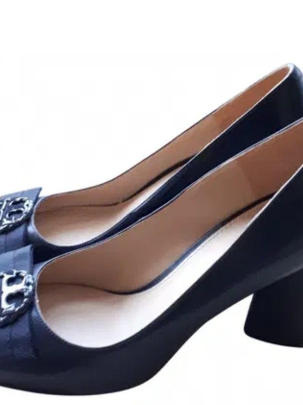 Tory Burch Navy Block Heel Pumps with Logo Accent - Size 8